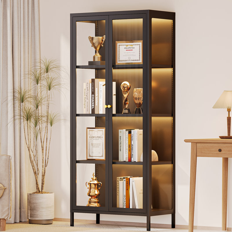 3-Sided Glass Dining Cabinet With Lights, Metal Display Stand, Black