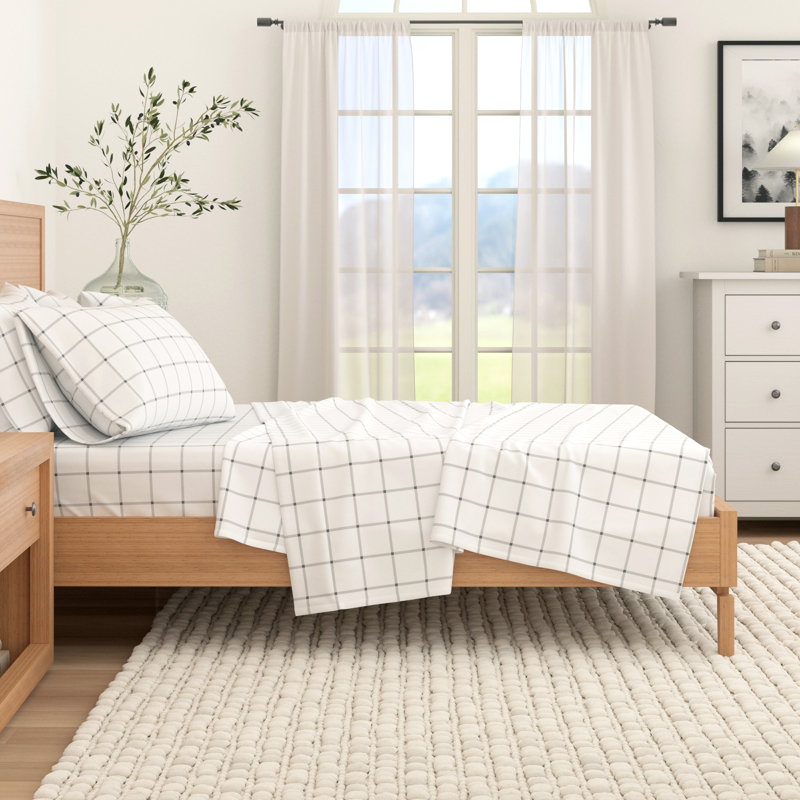 100% Turkish Cotton Flannel Solid & Plaid Sheet Sets, California King with 2 Pillowcases, Windowpane - White/Gray