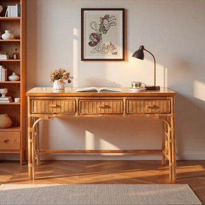 Durable Ash Wood Rattan Three-drawer Writing Desk