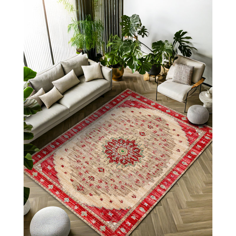 Marisol Burgundy Beige Oriental Machine Printed Cotton Polyester Area Rug, Square 5'3"