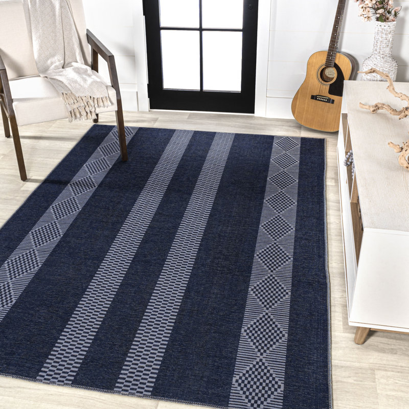 Braylyn Trellis Stripe Machine-Washable Navy/Gray Rug, Rectangle 3'11" x 6'