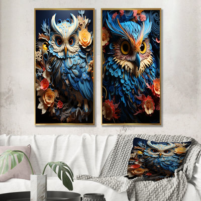 Mysterious Owl Blooms - ensemble de 2 impressions sur toile de hibou