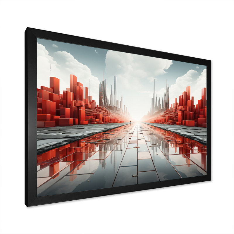 Abstrait paysage urbain futur II sur toile, Cadre simple noir, H 30 po x l 40 po x P 1,5 po