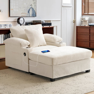 Multifunctional Sofa Chair With Ottoman, Built-In USB-C Charging & Cup Holders, Convertible To Lounger, Chenille Upholstered Single Couch For Living Room & Bedroom