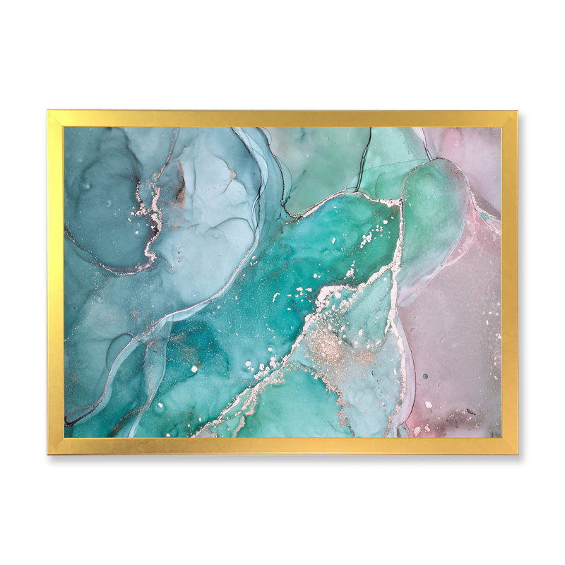 Marbre abstrait turquoise - peinture sur toile, H 12 po x l 20 po, Cadre doré à coins fermés