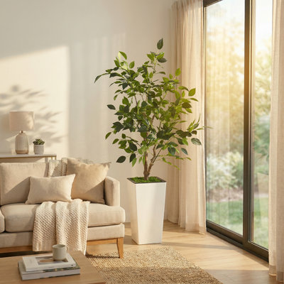 Artificial Ficus Tree (4FT), Realistic Silk Leaves, White Tall Pot, Indoor/Outdoor Decor