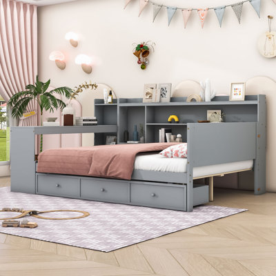 Wooden Daybed with 3 Drawers and Shelves and Built-in-Desk