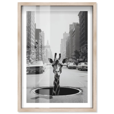 "Urban Giraffe Shadowbox", reproduction d'art mural par Notoriart, cadre blond, 36 x 54