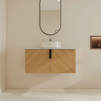 Ensemble de meuble-lavabo mural simple 36 po avec lavabo en céramique, meuble-lavabo flottant avec 2 portes à fermeture douce