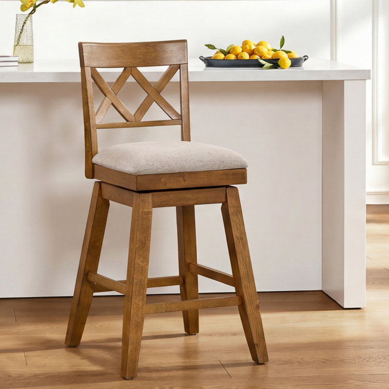 Modern Farmhouse Cross Back Upholstered Solid Wood Bar Stool, Walnut