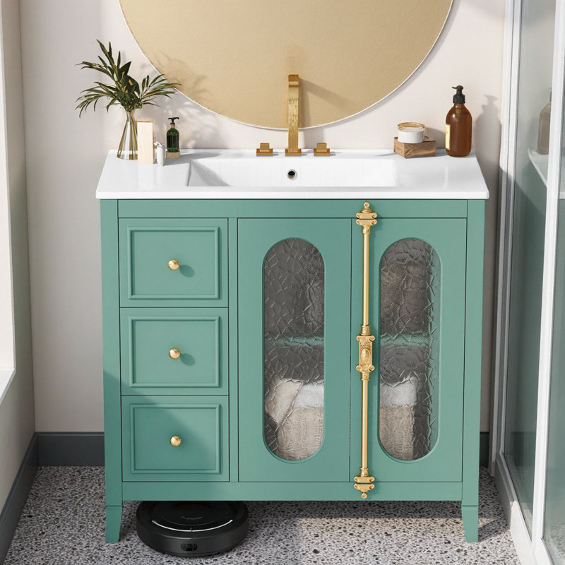 Meuble-lavabo moderne avec lavabo en céramique 36 po et 3 tiroirs Modern Lake, Vert lac