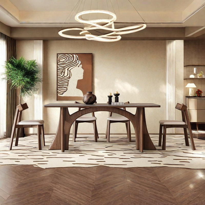 Rectangular ash wood walnut color dining table set, 29.52"H x 78.74"L x 35.43"W