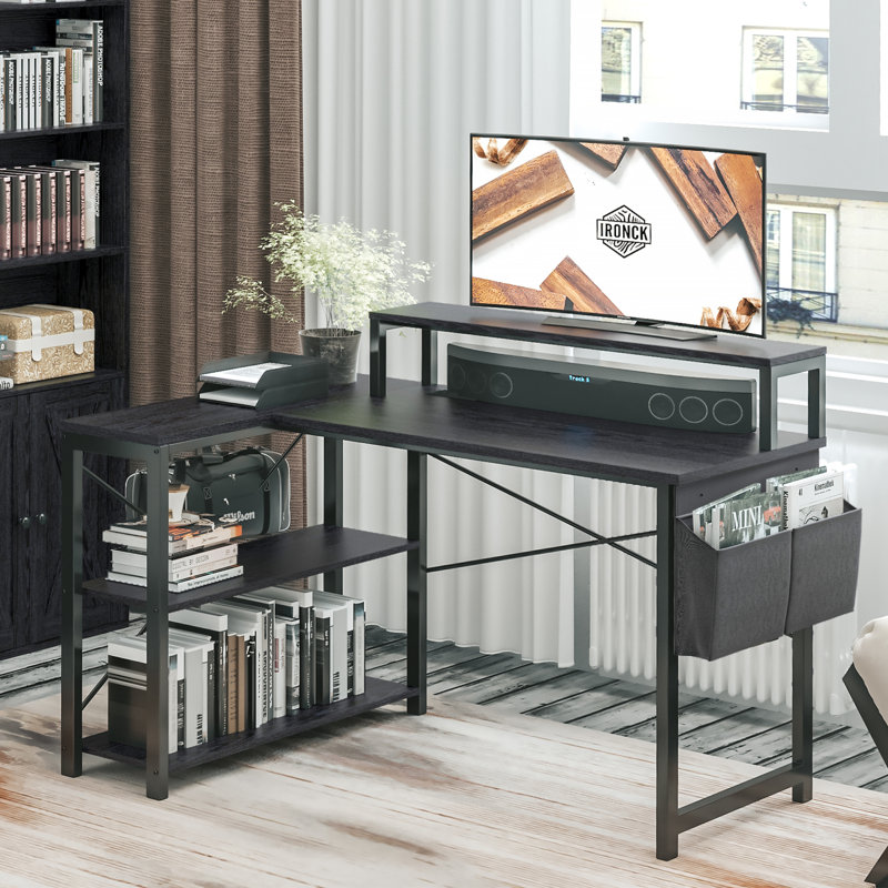 Bureau en L de 47 po avec station de chargement et tablettes de rangement Laconya, Noir