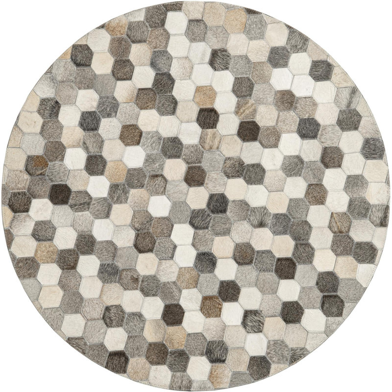  Mosaic Cowhide Leather Rug, Round 4'1"