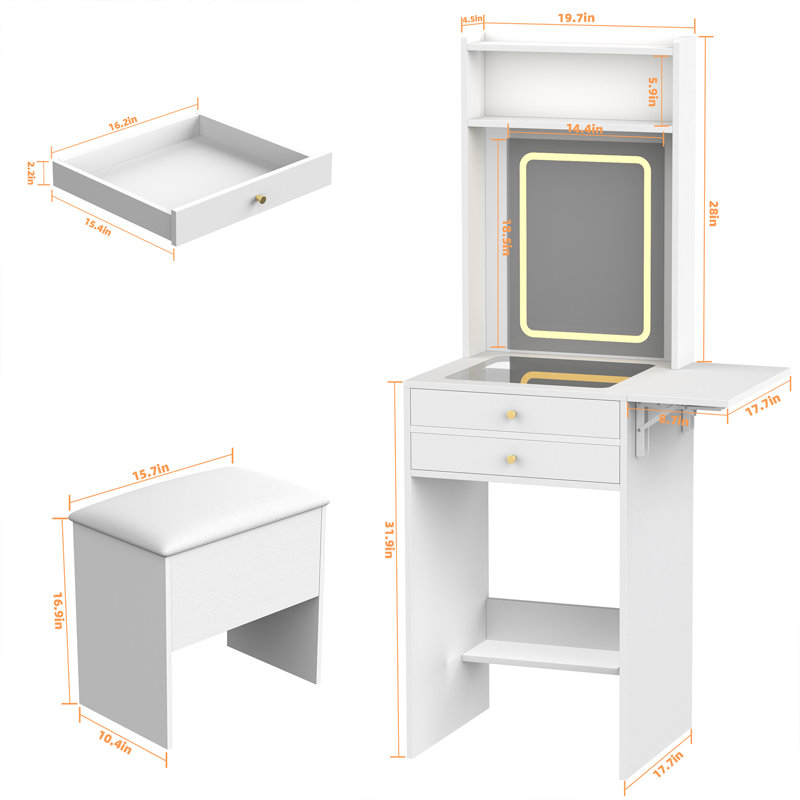 Bureau de maquillage pour coiffeuse - 3 miroirs réglables à DEL et fauteuil de rangement, coiffeuse de chambre à coucher