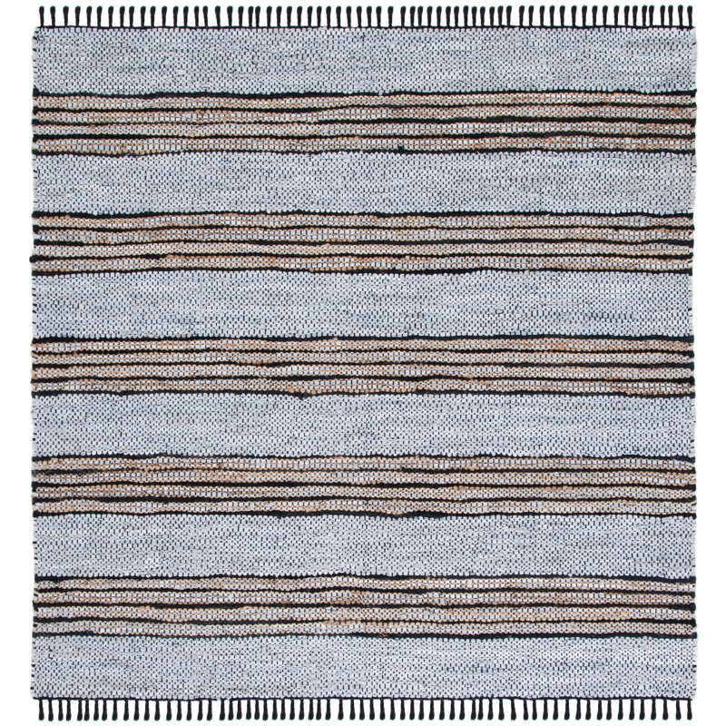 Vintage Leather Hand Woven Leather/Jute/Cotton Striped Rug in Brown/Blue, Square 6'