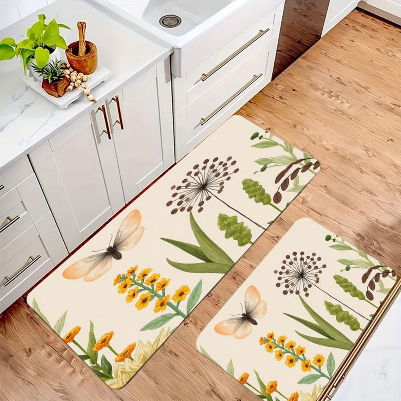 Butterfly & Yellow Flower, 2 Pcs Non Slip Kitchen Mats, Cream Floral