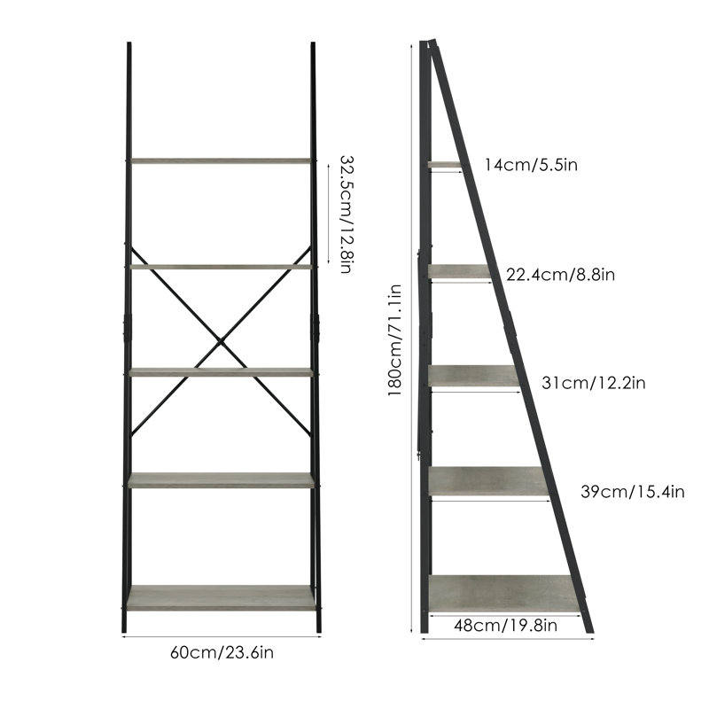 Roselyn 180.5 cm H x 60 cm W Iron Ladder Bookcase, Black/Grey