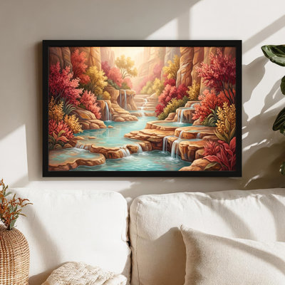Toile noire encadrée en bois noir pour salon, chambre à coucher, bureau ou vestibule - décoration murale décorative avec ruisseau d'automne