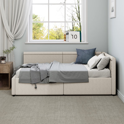 Lit de jour en L simple rembourré en lin beige, deux tiroirs de rangement, lit de jour confortable pour jouer avec du tissu, utilise efficacement les espaces de coin
