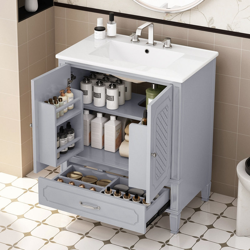 Meuble-lavabo de salle de bain avec espace de rangement multifonctionnel, Gris