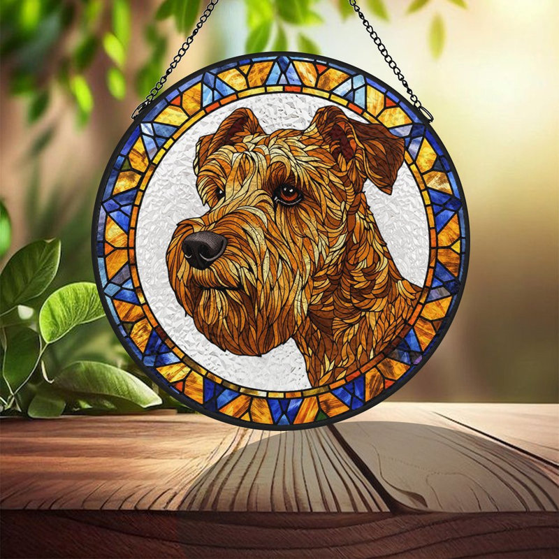 Vitrail de chien terrier vitrail, 9,8 x 9,8 po (25 x 25 cm)
