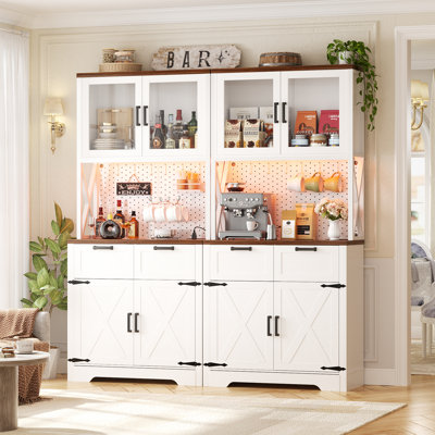 71" Pantry Cabinet With Outlet, Tall Kitchen Pantry Storage Cabinet With Microwave Stand Set Of Two