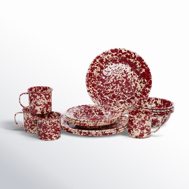Crow Canyon Enamelware Splatter 16 Piece Dinnerware Set, Burgandy