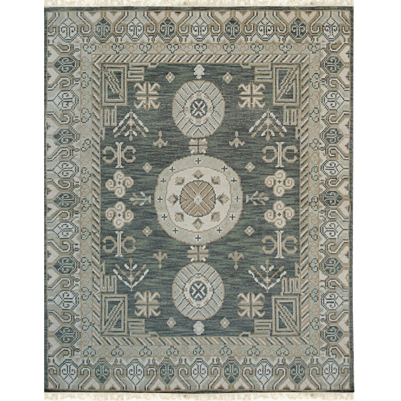 Green Hand-Knotted Wool Linked Medallions Geometric Modern Contemporary Carpet Rug, 8' x 10'