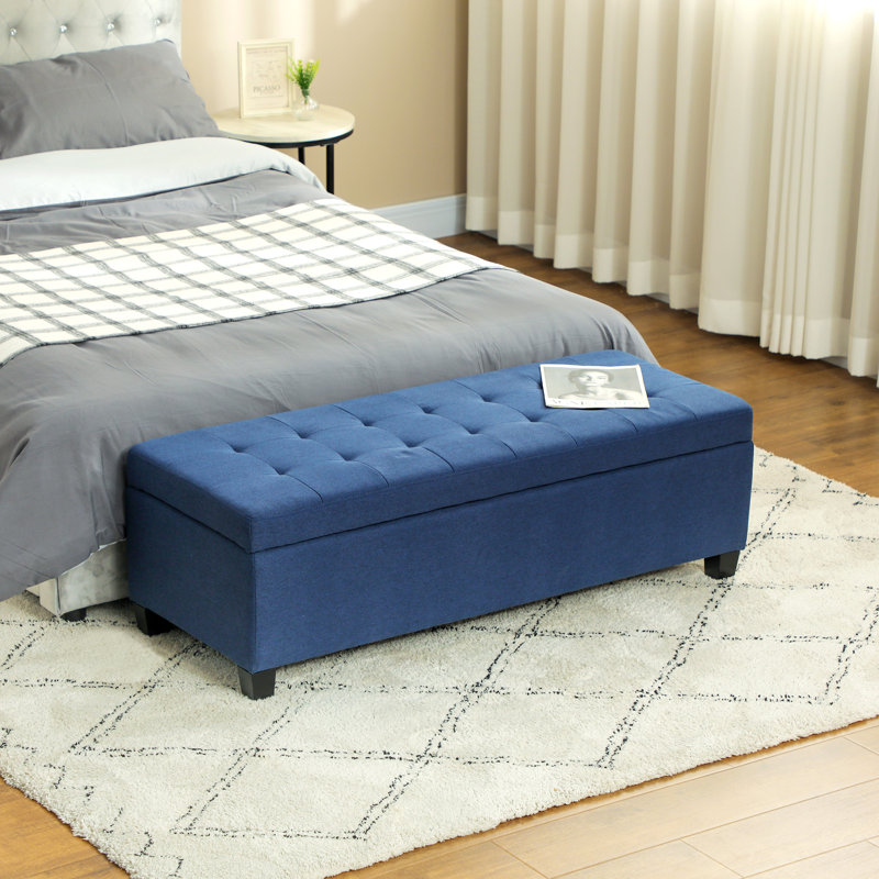 Banc d'entrée en tissu de lin et pieds en bois, décor contemporain bleu