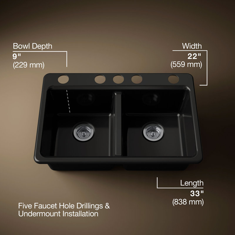 Riverby 33" Enameled Cast Iron Undermount Double Basin Kitchen Sink, Black