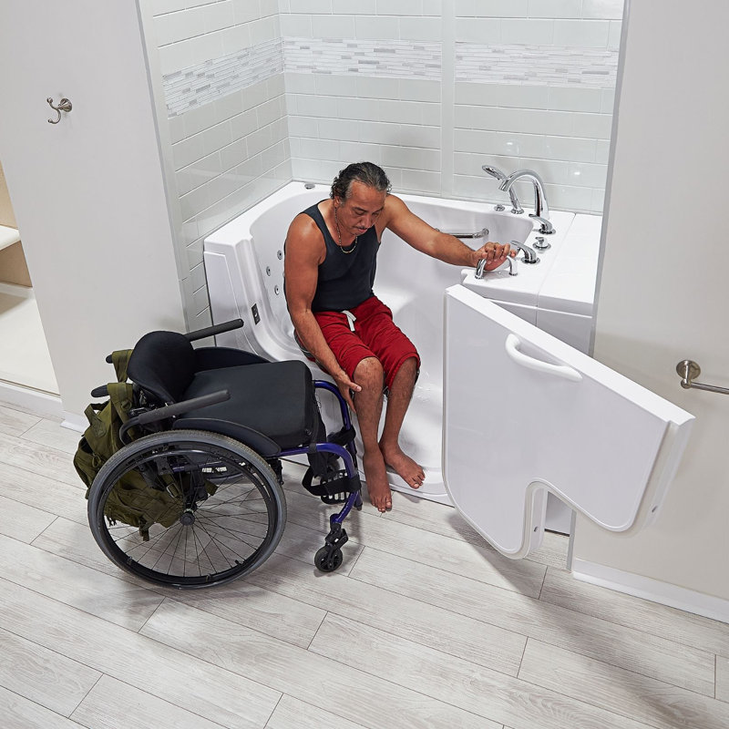 Ella Wheelchair Transfer 30"x52" Acrylic Hydro Massage Walk-In Bathtub with Right Outward Swing Door, 5 Piece Fast Fill Faucet, 2" Dual Drain