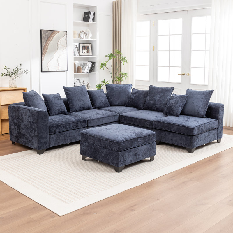 Canapé modulaire en L 6 pièces Bennett, Chenille bleu