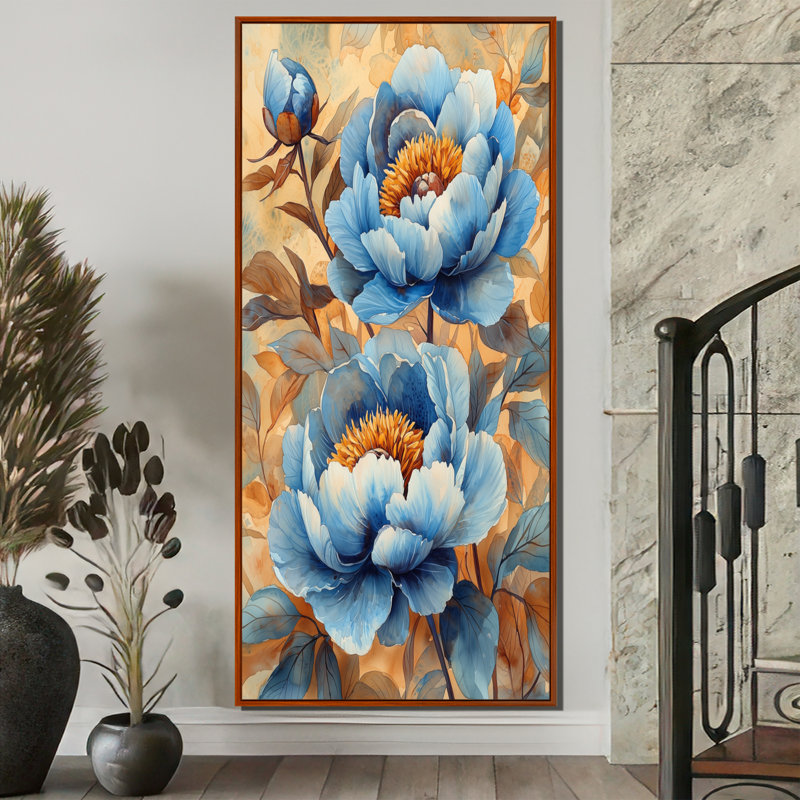 Pivoines bleues dans la basse-cour IV - pivoines, art mural, H 60 po x l 28 po, Reproduction avec cadre flottant, Brun