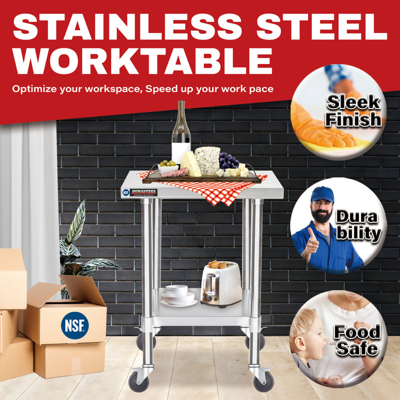 24 x 24 Inch Stainless Steel Movable Work Table with Under Shelf