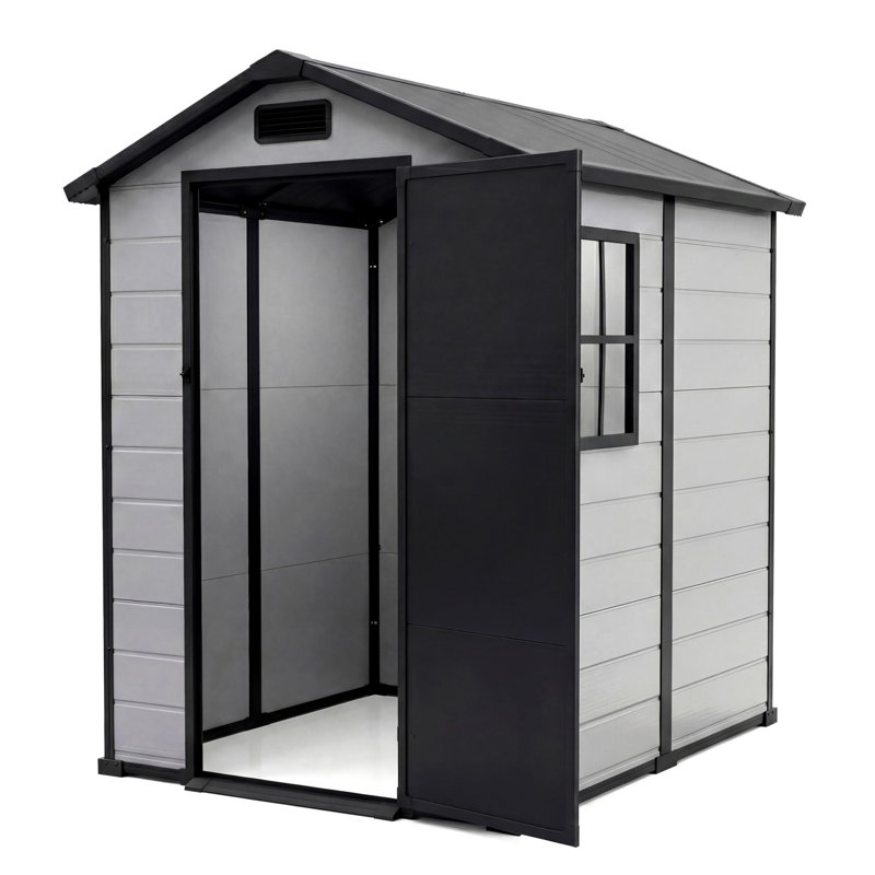 Remise de rangement en résine 4 x 6 pi avec plancher, porte et fenêtre verrouillables, toit incliné, abri de jardin en plastique pour la cour arrière