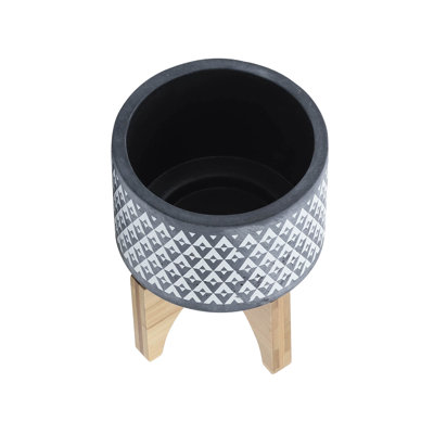 Indoor Planter On Brown Wood Stand, 6 Inch Gray Aztec Printed Ceramic
