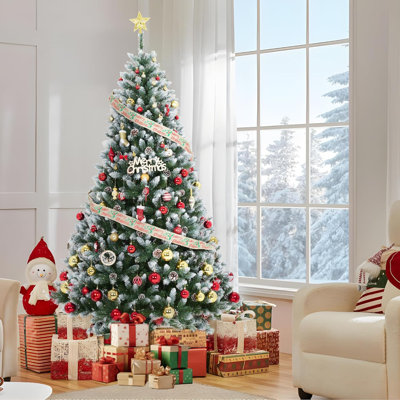 Arbre de Noël artificiel pré-éclairé 4,5 / 6 / 7,5 / 9 pi, pin de Noël avec pommes de pin, DEL chaudes et support articulé en PVC