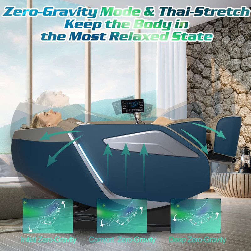 Fauteuil de massage 3D en similicuir bleu à gravité zéro avec écran tactile de 7 pouces et recharge sans fil, Similicuir bleu