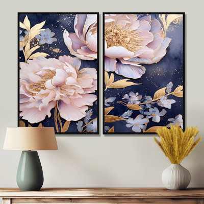 Pivoines roses sur fond bleu - coquelicots