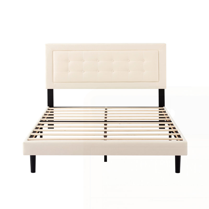 Structure de lit plateforme tapissier avec support en lattes de bois, Beige