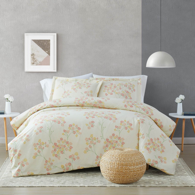 Ivory Cotton Floral Reversible Full Comforter Set