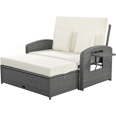 Rattan Double Chaise Lounge, 2-Person Reclining Daybed With Adjustable Back And Cushions, Free Protection Cover