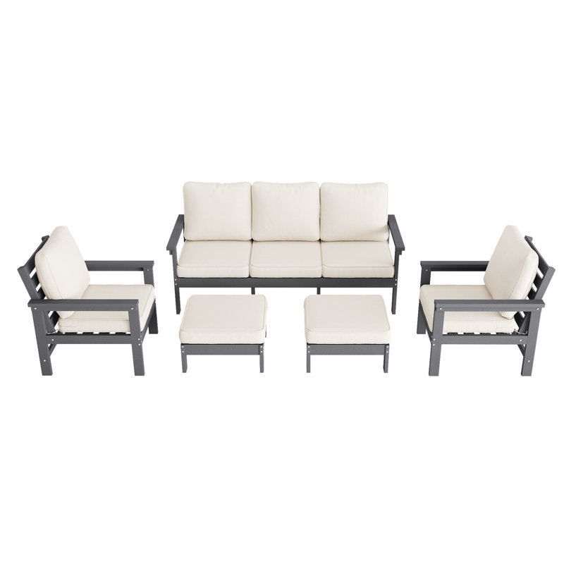  5 Piece HIPS Outdoor Sofa Set with Fade-Resistant & Extra Thick Cushions, Outdoor Sectional with Ottoman for Patio, Yard, Garden