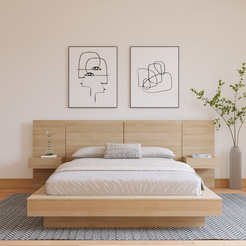 Kaenen 3 Piece Bedroom Set with Bed & 2 Floating Nightstands, Beige, Queen