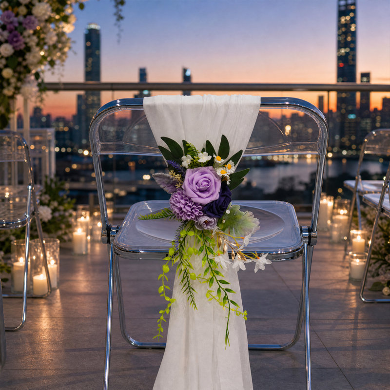 Paquet de 10 décorations de chaise de mariage mauve, roses en mousse artificielle avec eucalyptus et rubans, décor de cérémonie d'allée
