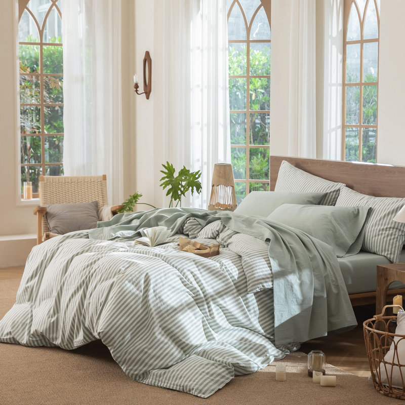 Ensemble de draps MooMee, Ensemble de draps pour grand lit avec 2 taies d'or, Vert sauge