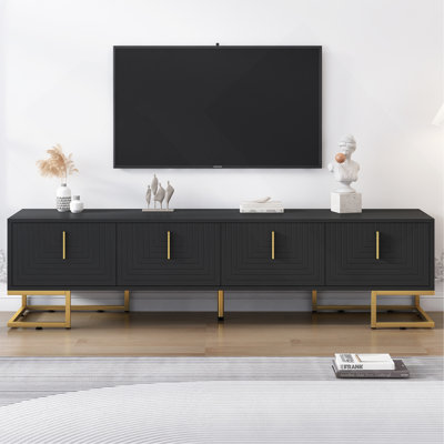 Meuble télé moderne avec pieds en métal et poignées dorées pour téléviseur de 80 po ou moins, console média avec armoires et tablettes réglables, meuble télé de luxe avec lignes géométriques pour le salon