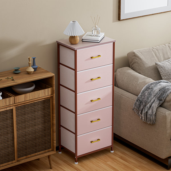 https://assets.wfcdn.com/im/59535799/resize-h600-w600%5Ecompr-r85/2463/246307358/Limmie+Dresser+for+Bedroom+with+5+Drawers%2C+Tall+Storage+Tower%2C+Pink+Fabric+Dresser+with+Leather+%26+Wood+Top.jpg