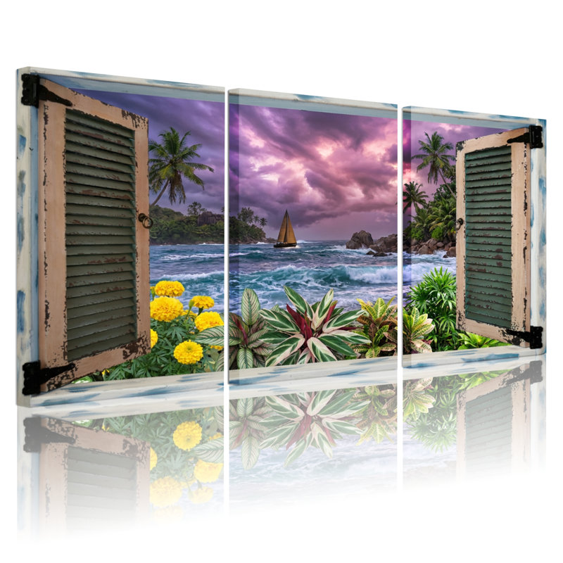 Paysage et nature, vue sur l'océan tropical avec voilier et palmiers, H 36 po x l 72 po